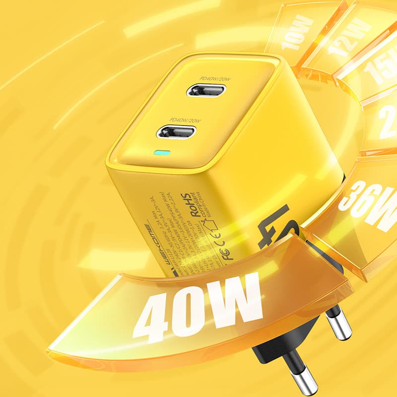 WEKOME WP-U128 - 2x USB-C Super Fast Charge GaN 40W mains charger (Yellow) 7