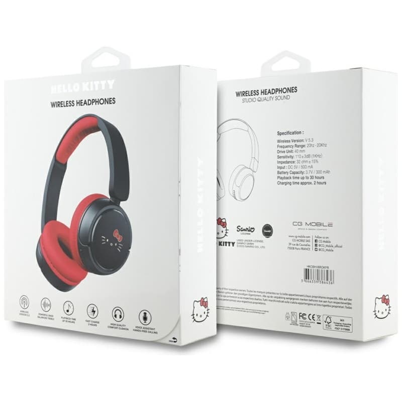 Hello Kitty Face Logo - Wireless Over-Ear Bluetooth Headphones V5.3 (Red) 5