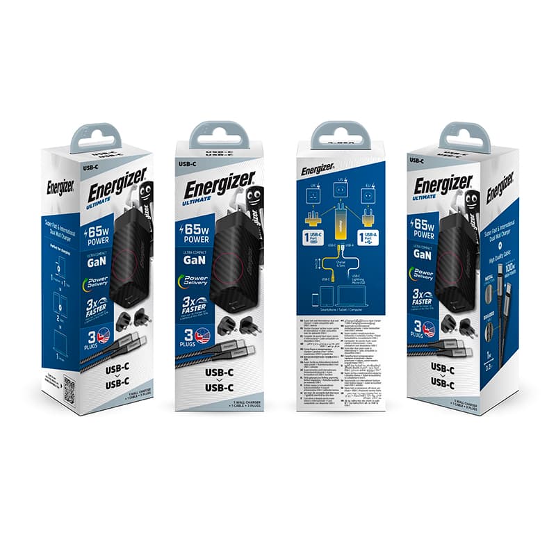 Energizer Ultimate - Multiplug EU / UK / US GaN USB-C & USB-A 65W PD mains charger + USB-C cable (Black) 5
