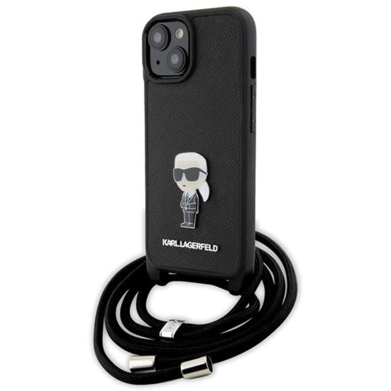 Karl Lagerfeld Crossbody Saffiano Monogram Ikonik Metal Pin - Case for iPhone 15 (Black) 1