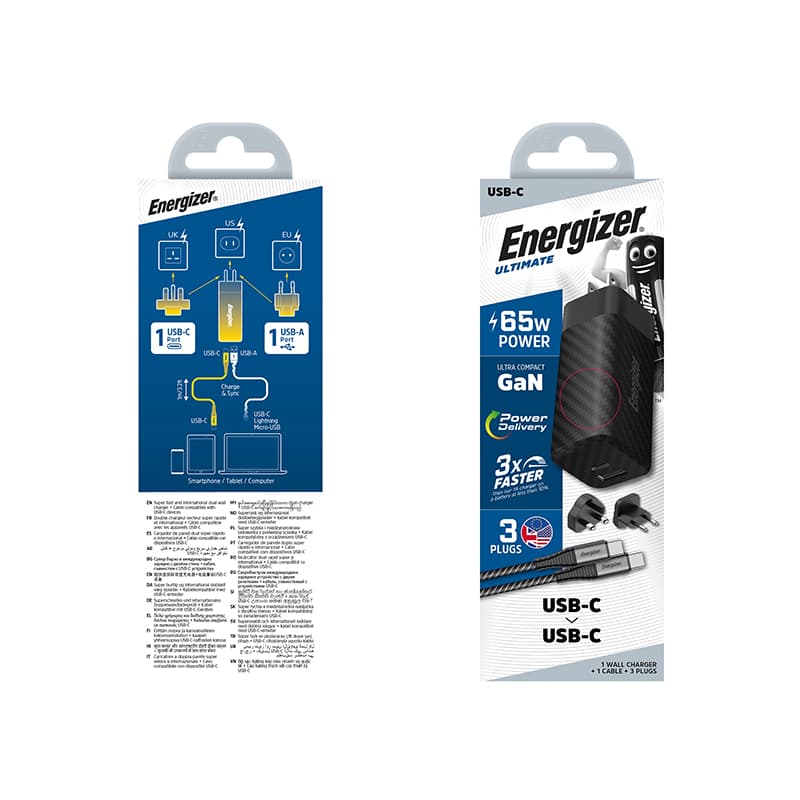 Energizer Ultimate - Multiplug EU / UK / US GaN USB-C & USB-A 65W PD mains charger + USB-C cable (Black) 7