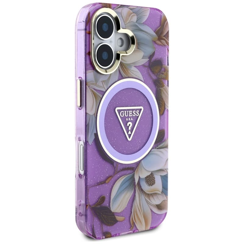 Guess Glitter Flowers Triangle Buttons MagSafe - Case for iPhone 16 (purple) 4