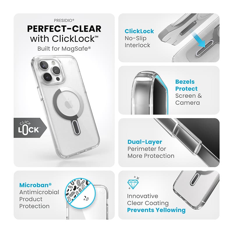 Speck Presidio Perfect-Clear ClickLock & Magsafe - iPhone 15 Pro Max Case (Clear / Chrome Finish / Serene Silver) 4