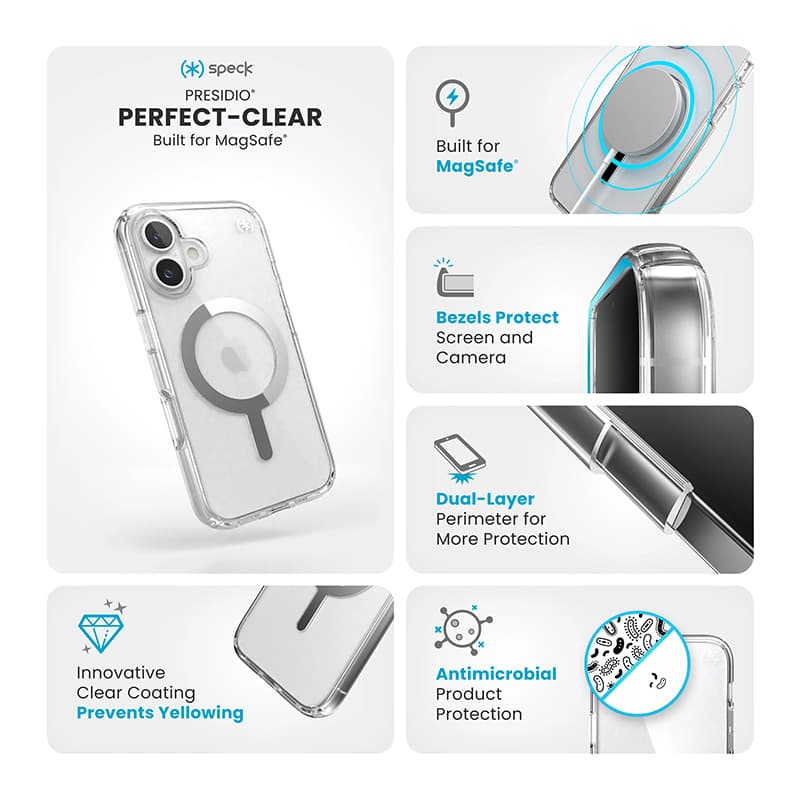 Speck Presidio Perfect-Clear MagSafe - iPhone 16 Case (Clear / Chrome Finish / Serene Silver) 6