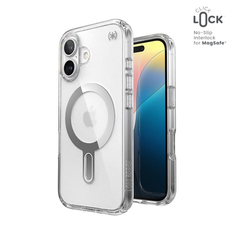 Speck Presidio Perfect-Clear ClickLock & MagSafe - iPhone 16 Case (Clear / Chrome Finish / Serene Silver) 1
