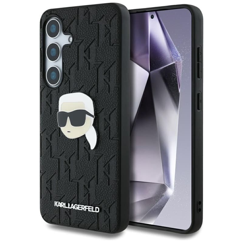 Karl Lagerfeld Leather Monogram Pin Logo Karl Head - Case for Samsung Galaxy S25 (Black)