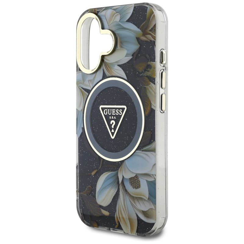 Guess Glitter Flowers Triangle Buttons MagSafe - Case for iPhone 16 (black) 6