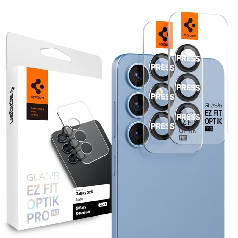 Spigen Optik Pro GLAS.TR EZ Fit Camera Protector 2-Pack - Lens Protector for Samsung Galaxy S25 (2 pcs) (Black)