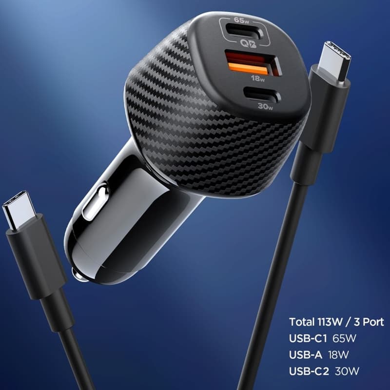 Spigen Essential EV1133 – Car Charger 2x USB-C PD and USB-A QC3.0 113W + 100W, USB-C Cable, 1m (Black) 2