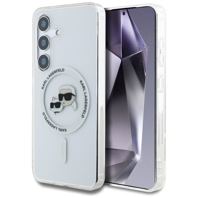 Karl Lagerfeld Button Karl & Choupette Heads Printed Logo MagSafe - Case for Samsung Galaxy S25 (White) 1