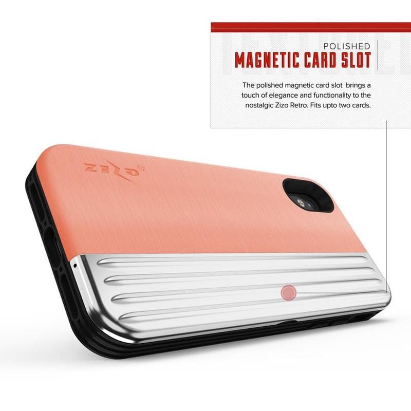Zizo Retro Series - Wallet Back with Magnetic Closure and Built-In Kickstand for iPhone Xs / X (Peach/Silver) 6