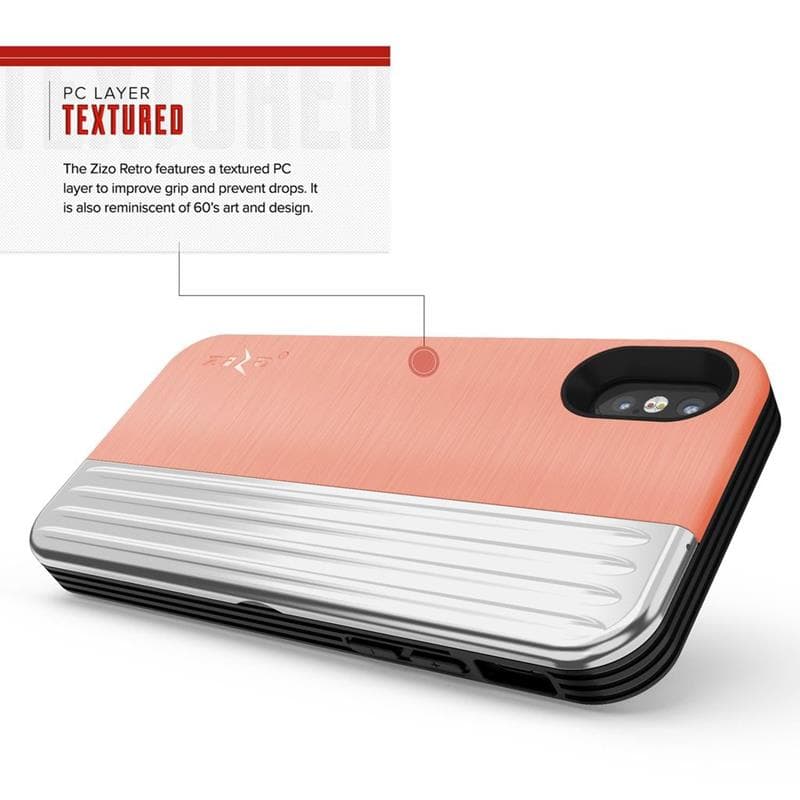 Zizo Retro Series - Wallet Back with Magnetic Closure and Built-In Kickstand for iPhone Xs / X (Peach/Silver) 7