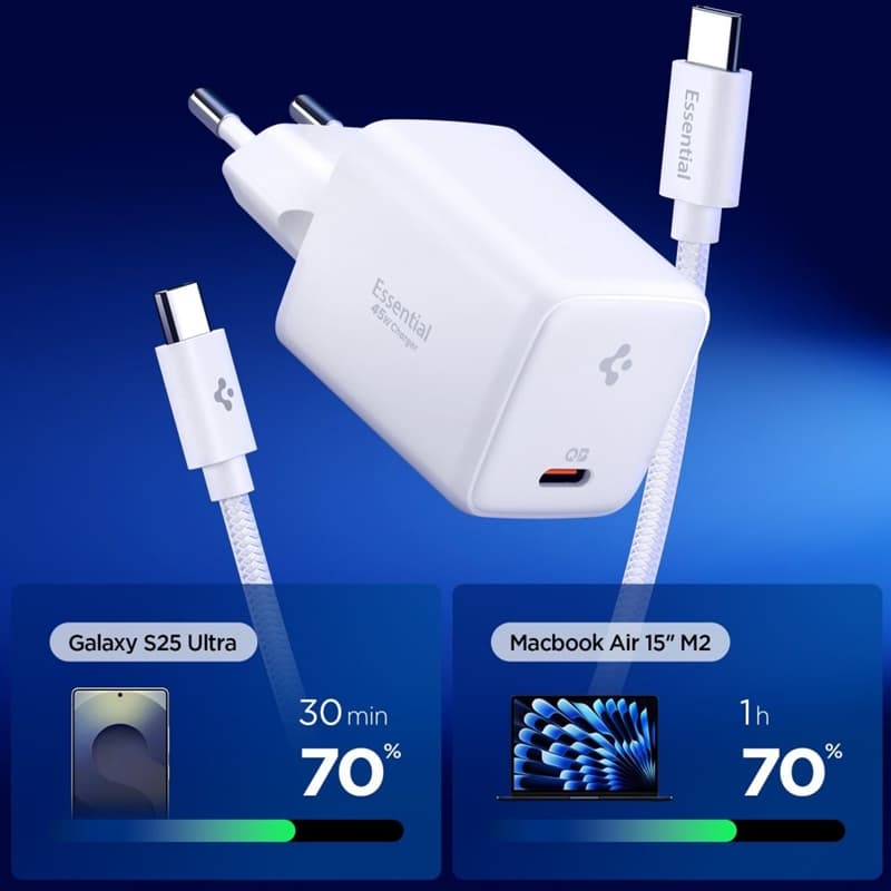 Spigen EE451EU Essential GaN Pro - USB-C PD PPS 45W Wall Charger + 1m USB-C Cable (White) 2