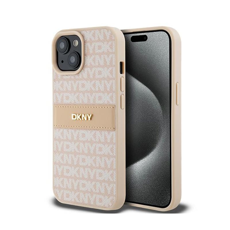 DKNY Leather Mono Stripe & Metal Logo - Case for iPhone 15 / 14 / 13 (pink) 1