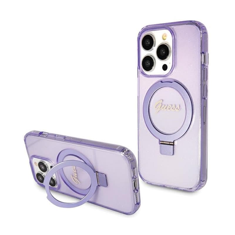 Guess Ring Stand Script Glitter MagSafe - iPhone 15 Pro Case (Purple) 1
