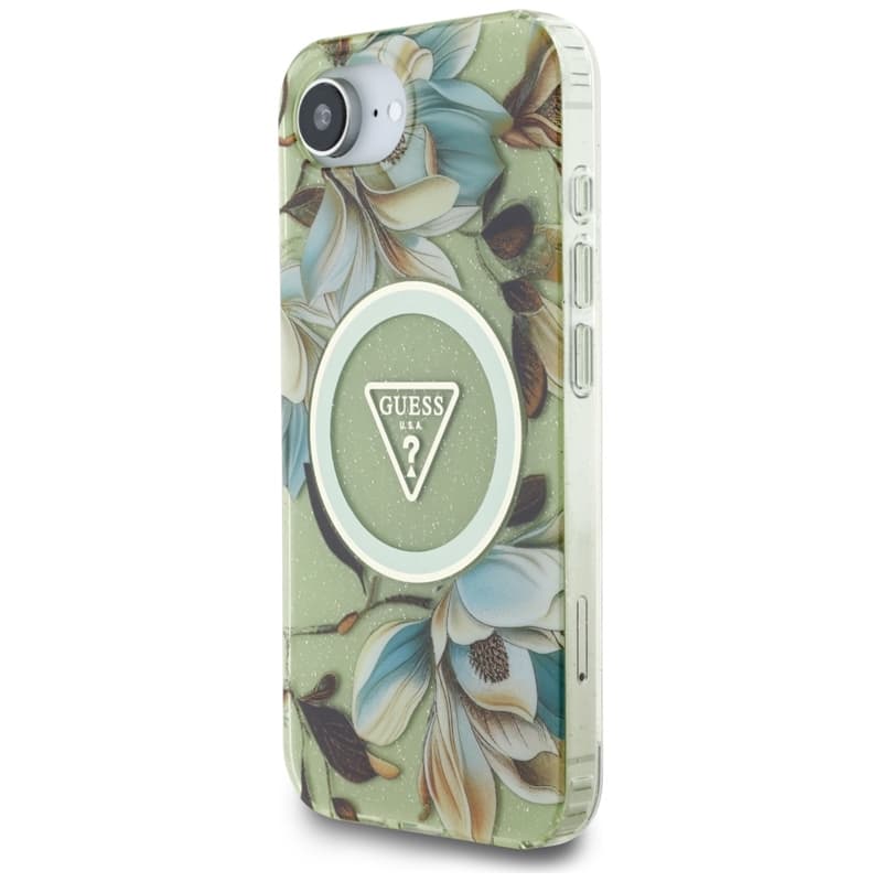 Guess IML Metal Glitter Flowers Triangle MagSafe - Case for iPhone 16e (green) 2