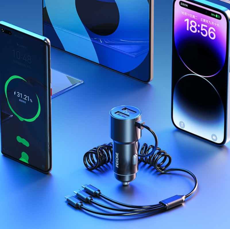 WEKOME WP-C44 Pop Digital Series - Car charger with integrated 3-in-1 USB-C / Lightning / Micro USB + 2x USB-A 33W cable (Black) 8