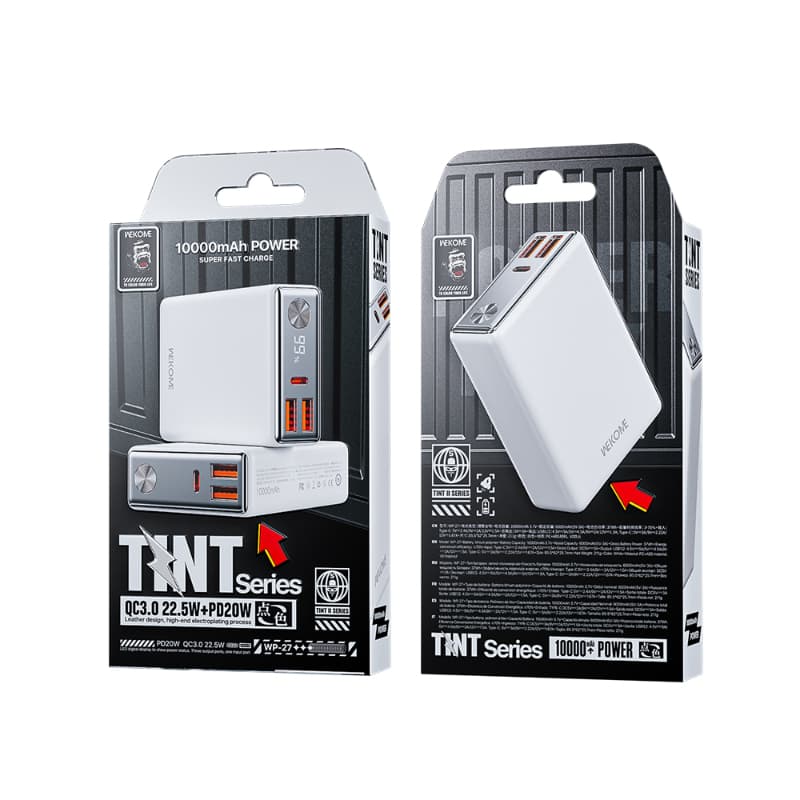 WEKOME WP-27 Tint Series - Power bank 10000 mAh Super Fast Charging USB-C PD 20W + 2x USB-A QC3.0 22.5W (White) 3