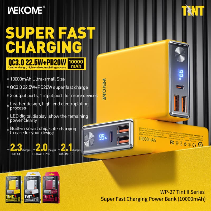 WEKOME WP-27 Tint Series - Power bank 10000 mAh Super Fast Charging USB-C PD 20W + 2x USB-A QC3.0 22.5W (White) 2