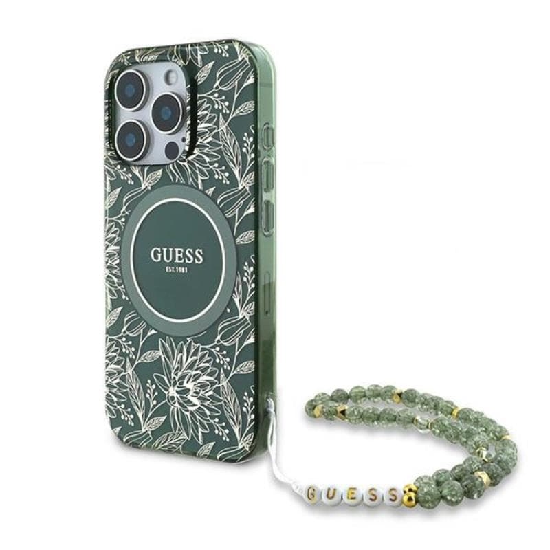 Guess IML Flowers Allover Electro With Pearl Strap MagSafe - Case for iPhone 16 Pro (Green)