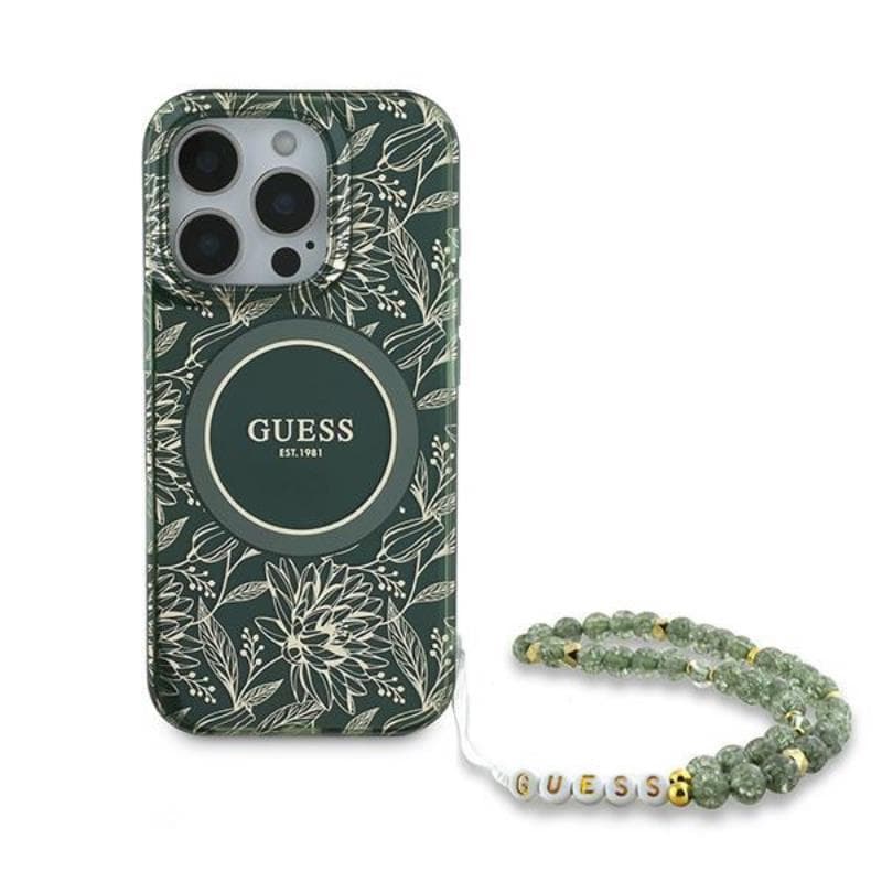 Guess IML Flowers Allover Electro With Pearl Strap MagSafe - Case for iPhone 16 Pro (Green) 2