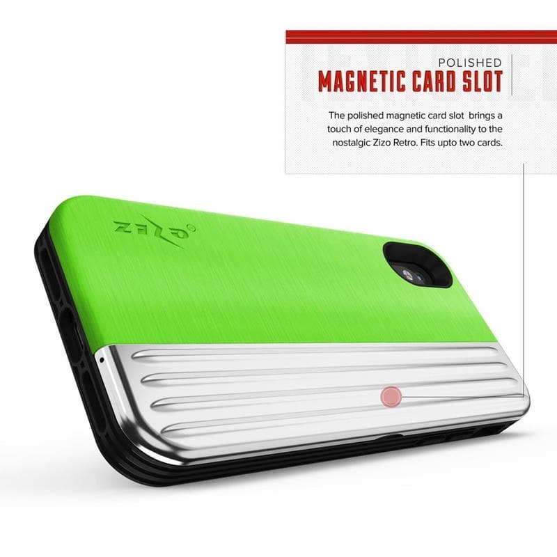Zizo Retro Series - Wallet Back with Magnetic Closure and Built-In Kickstand for iPhone Xs /X (Neon Green/Silver) 6