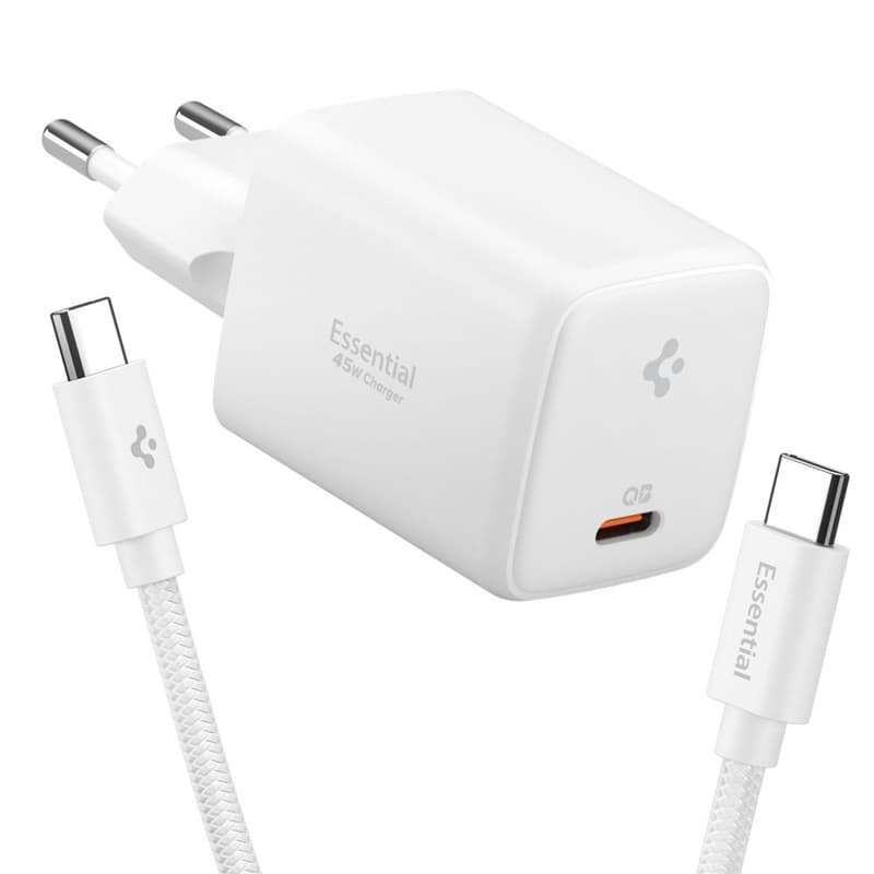 Spigen EE451EU Essential GaN Pro - USB-C PD PPS 45W Wall Charger + 1m USB-C Cable (White) 1