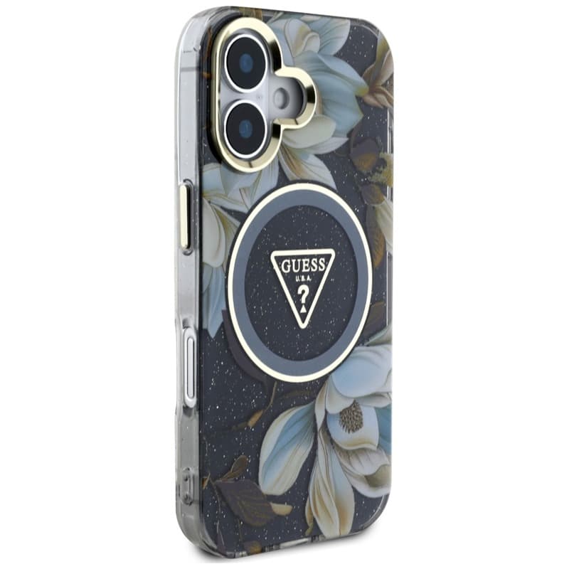 Guess Glitter Flowers Triangle Buttons MagSafe - Case for iPhone 16 (black) 4