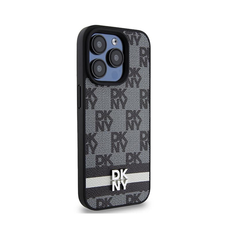 DKNY Leather Checkered Mono Pattern & Printed Stripes - iPhone 15 Pro Max Case (black) 4