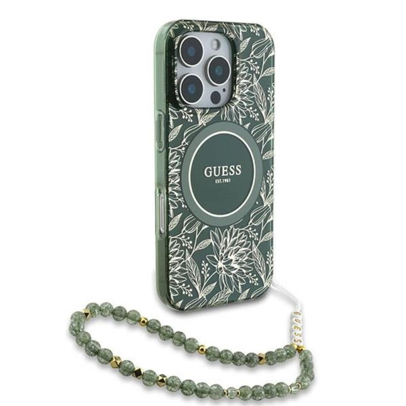 Guess IML Flowers Allover Electro With Pearl Strap MagSafe - Case for iPhone 16 Pro (Green) 3