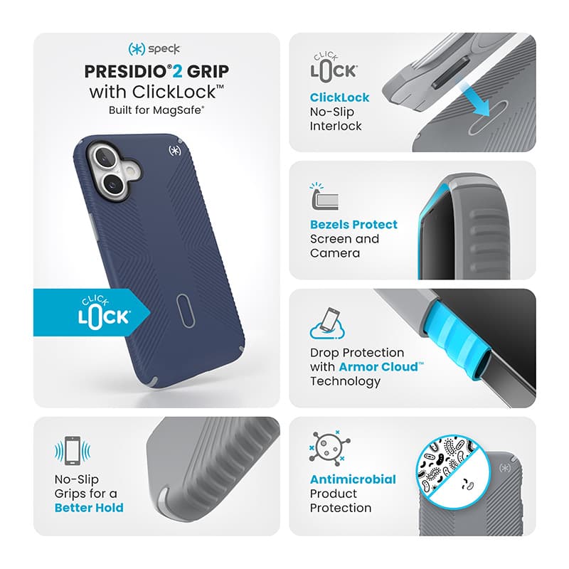 Speck Presidio2 Grip ClickLock & MagSafe - iPhone 16 Plus Case (Coastal Blue / Dust Gray / White) 3