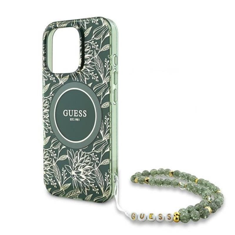 Guess IML Flowers Allover Electro With Pearl Strap MagSafe - Case for iPhone 16 Pro (Green) 5