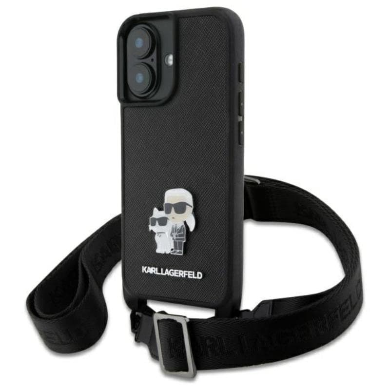 Karl Lagerfeld Saffiano Karl & Choupette Metal Pin CBDY Strap - Case for iPhone 16 (black) 1