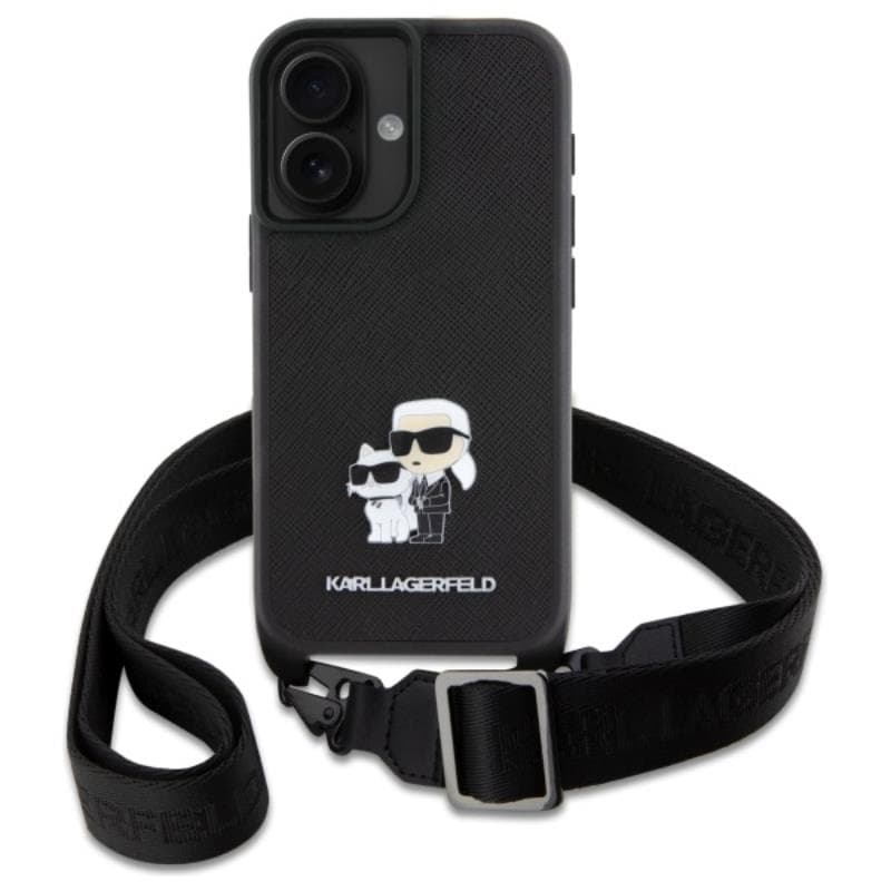 Karl Lagerfeld Saffiano Karl & Choupette Metal Pin CBDY Strap - Case for iPhone 16 (black) 2