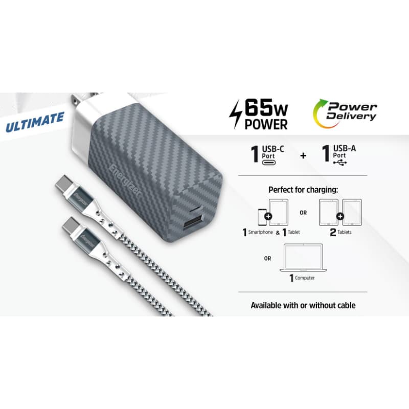 Energizer Ultimate - Multiplug EU / UK / US GaN USB-C & USB-A 65W PD mains charger + USB-C cable (Black) 8