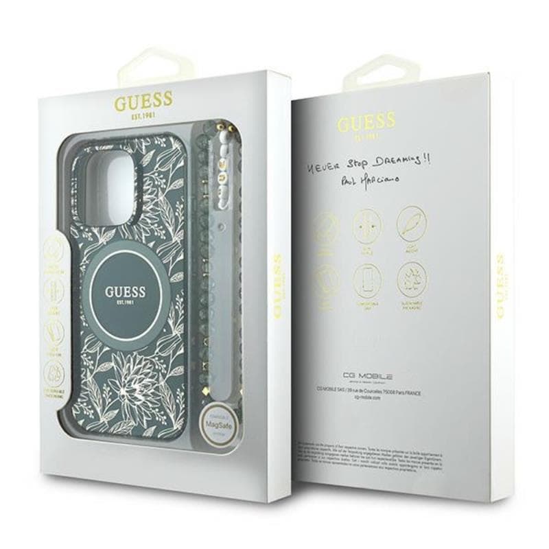 Guess IML Flowers Allover Electro With Pearl Strap MagSafe - Case for iPhone 16 Pro (Green) 7