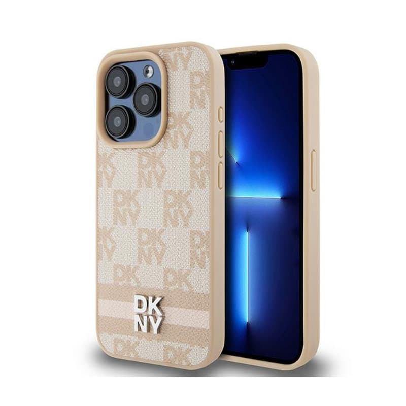 DKNY Leather Checkered Mono Pattern & Printed Stripes - Case for iPhone 15 Pro Max (pink) 1