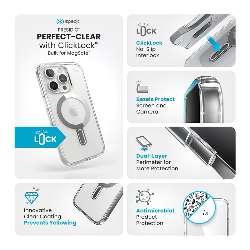 Speck Presidio Perfect-Clear ClickLock & MagSafe - iPhone 16 Pro Case (Clear / Chrome Finish / Serene Silver) 3