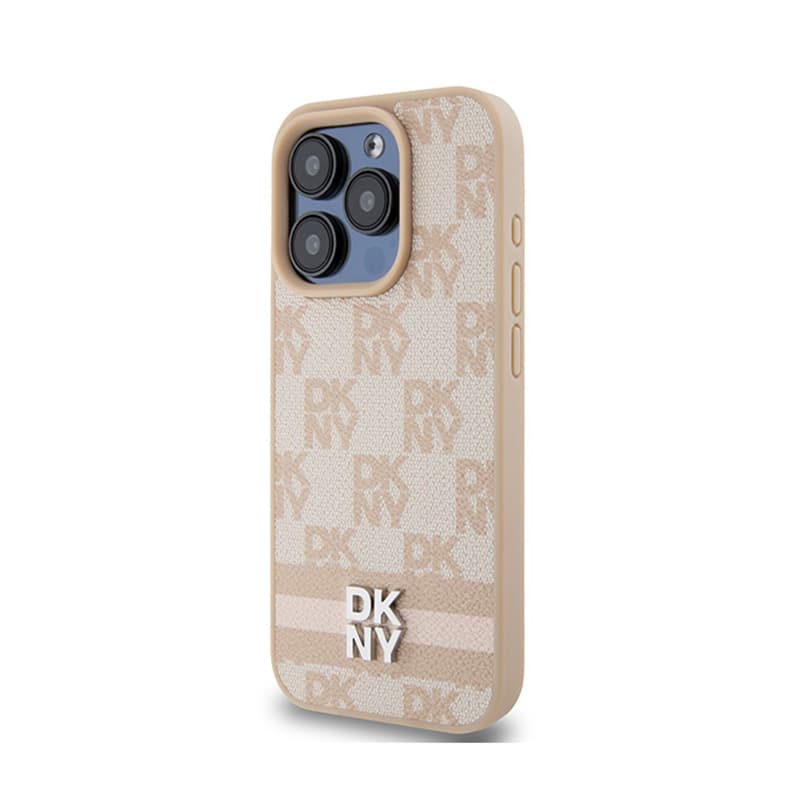 DKNY Leather Checkered Mono Pattern & Printed Stripes - Case for iPhone 15 Pro Max (pink) 2
