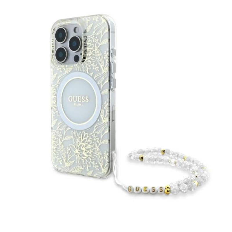 Guess IML Flowers Allover Electro With Pearl Strap MagSafe - Case for iPhone 16 Pro (White)
