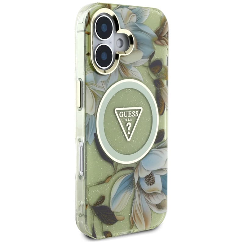Guess Glitter Flowers Triangle Buttons MagSafe - Case for iPhone 16 (green) 4