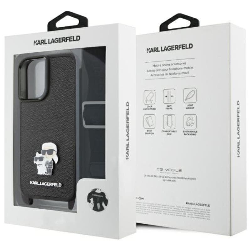 Karl Lagerfeld Saffiano Karl & Choupette Metal Pin CBDY Strap - Case for iPhone 16 (black) 6