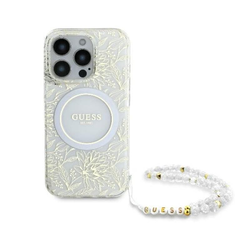 Guess IML Flowers Allover Electro With Pearl Strap MagSafe - Case for iPhone 16 Pro (White) 2