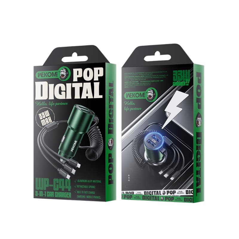 WEKOME WP-C44 Pop Digital Series - Car charger with integrated 3-in-1 USB-C / Lightning / Micro USB + 2x USB-A 33W cable (Black) 3