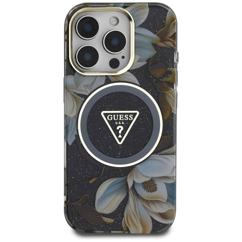 Guess Glitter Flowers Triangle Buttons MagSafe - Case for iPhone 16 Pro (black) 3