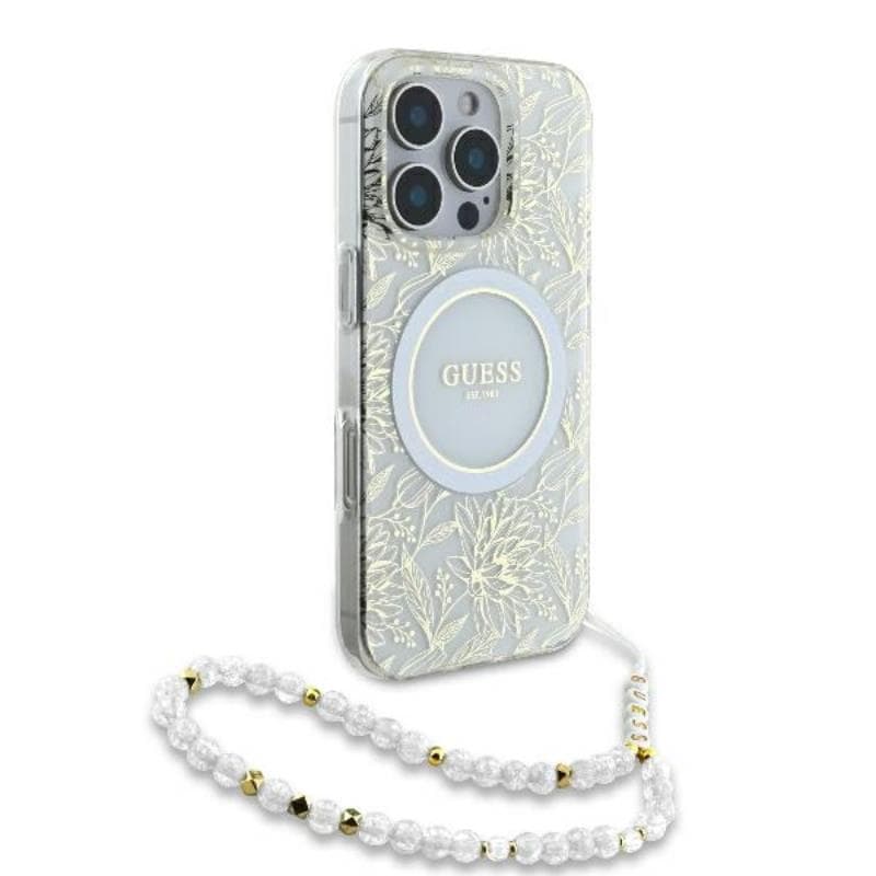 Guess IML Flowers Allover Electro With Pearl Strap MagSafe - Case for iPhone 16 Pro (White) 3