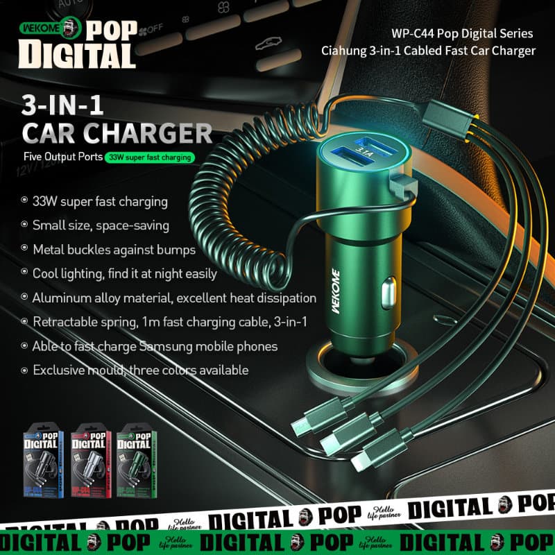 WEKOME WP-C44 Pop Digital Series - Car charger with integrated 3-in-1 USB-C / Lightning / Micro USB + 2x USB-A 33W cable (Black) 2