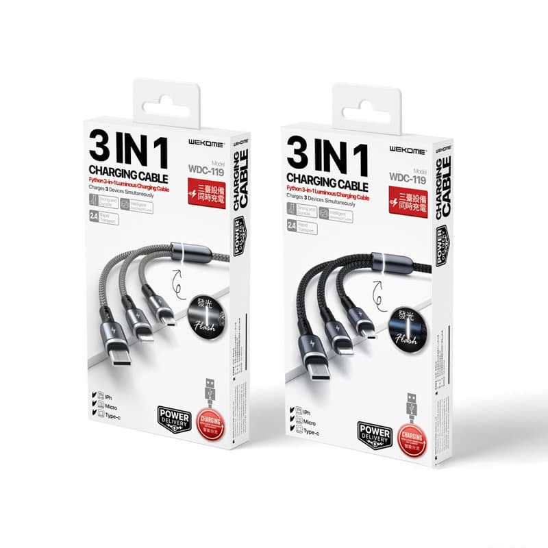 WEKOME WDC-119 Fython Series - 3-in-1 USB-A to Lightning + USB-C + Micro USB PD connection cable 1.2 m (Black) 2