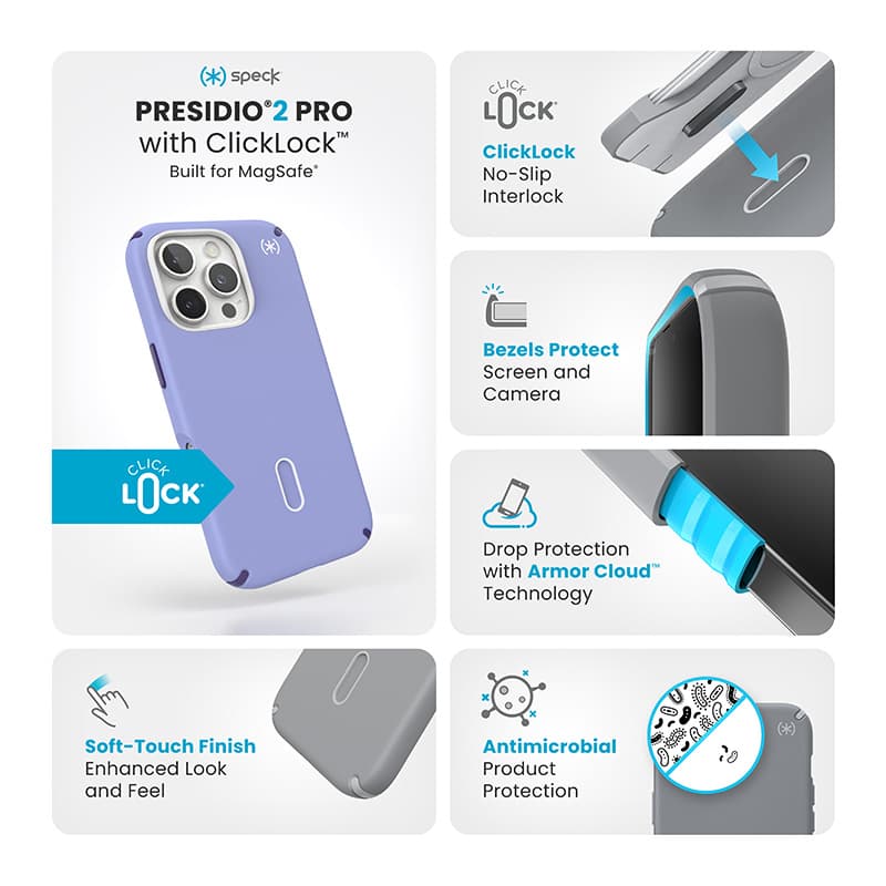 Speck Presidio2 Pro ClickLock & MagSafe - iPhone 16 Pro Case (Future Lavender / Cassis Purple / White) 3