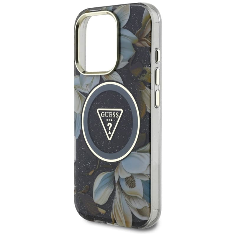 Guess Glitter Flowers Triangle Buttons MagSafe - Case for iPhone 16 Pro (black) 6